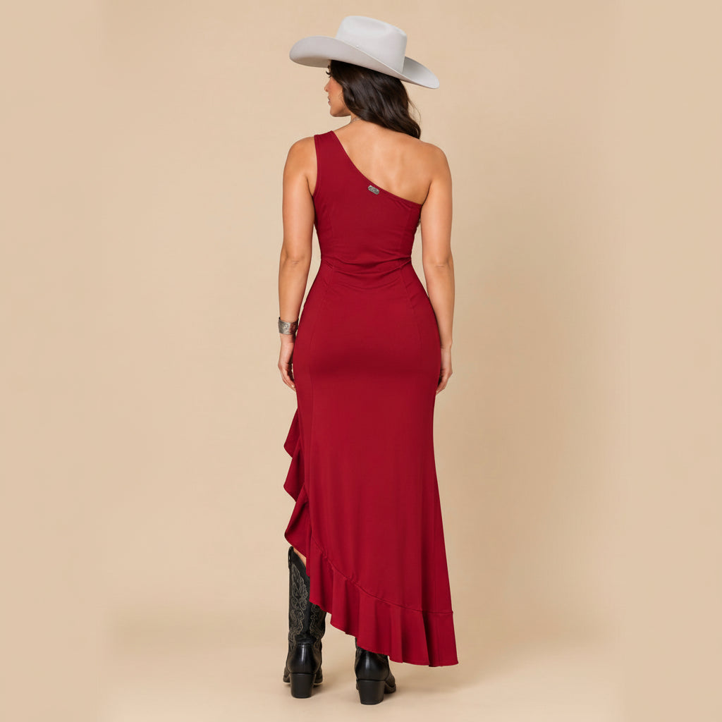 Lucky & Blessed Women - One Shoulder Ruffle Dress (Cherry) DR647-CHE
