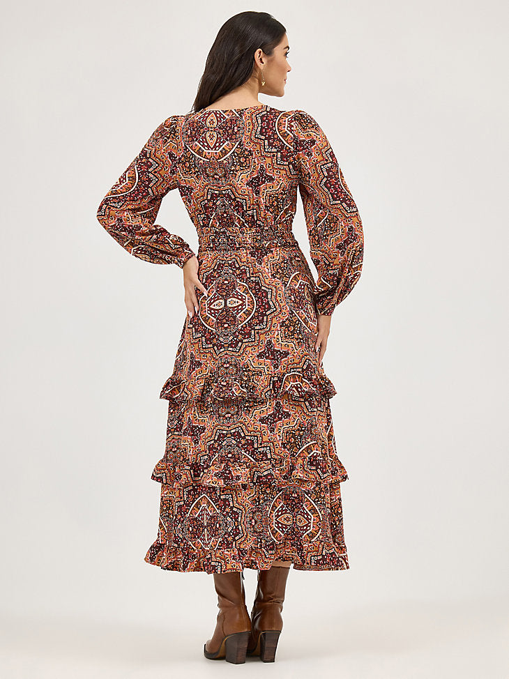 Wrangler Women - Mosaic Ruffle Dress (Brown) 112371767