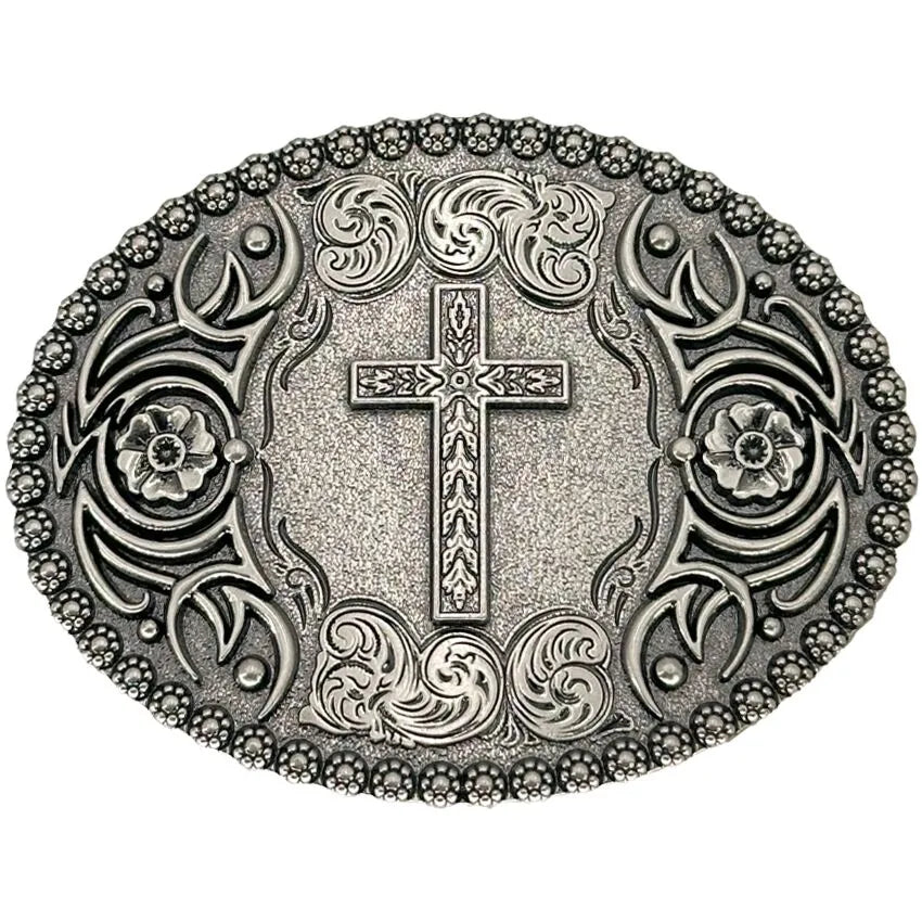 Medium Oval Belt Buckle (Floral Cross)