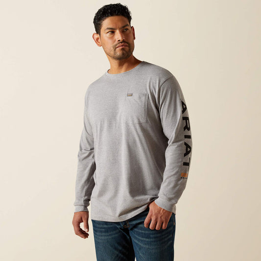 Ariat Men - Rebar Long Sleeve Logo Pocket T-Shirt (Heather Grey) 10062754