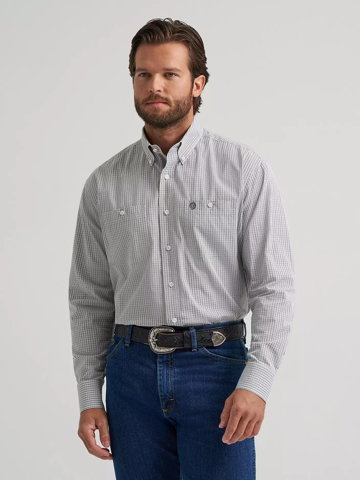 Wrangler Men - George Strait Button Down (Charcoal Madras) 112379055