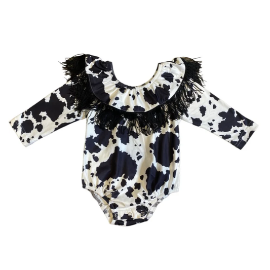 Shea Baby - Cowprint Off Shoulder Fringe Onesie (SB25)
