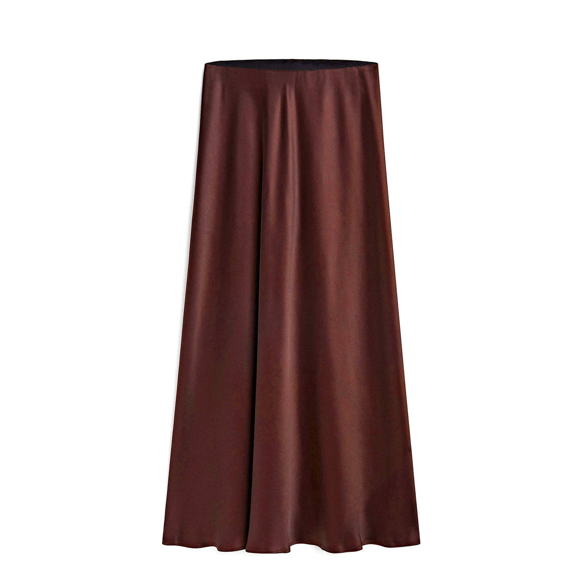 Satin Elasticated High-Waisted Slit Maxi Skirt (Dark Brown)