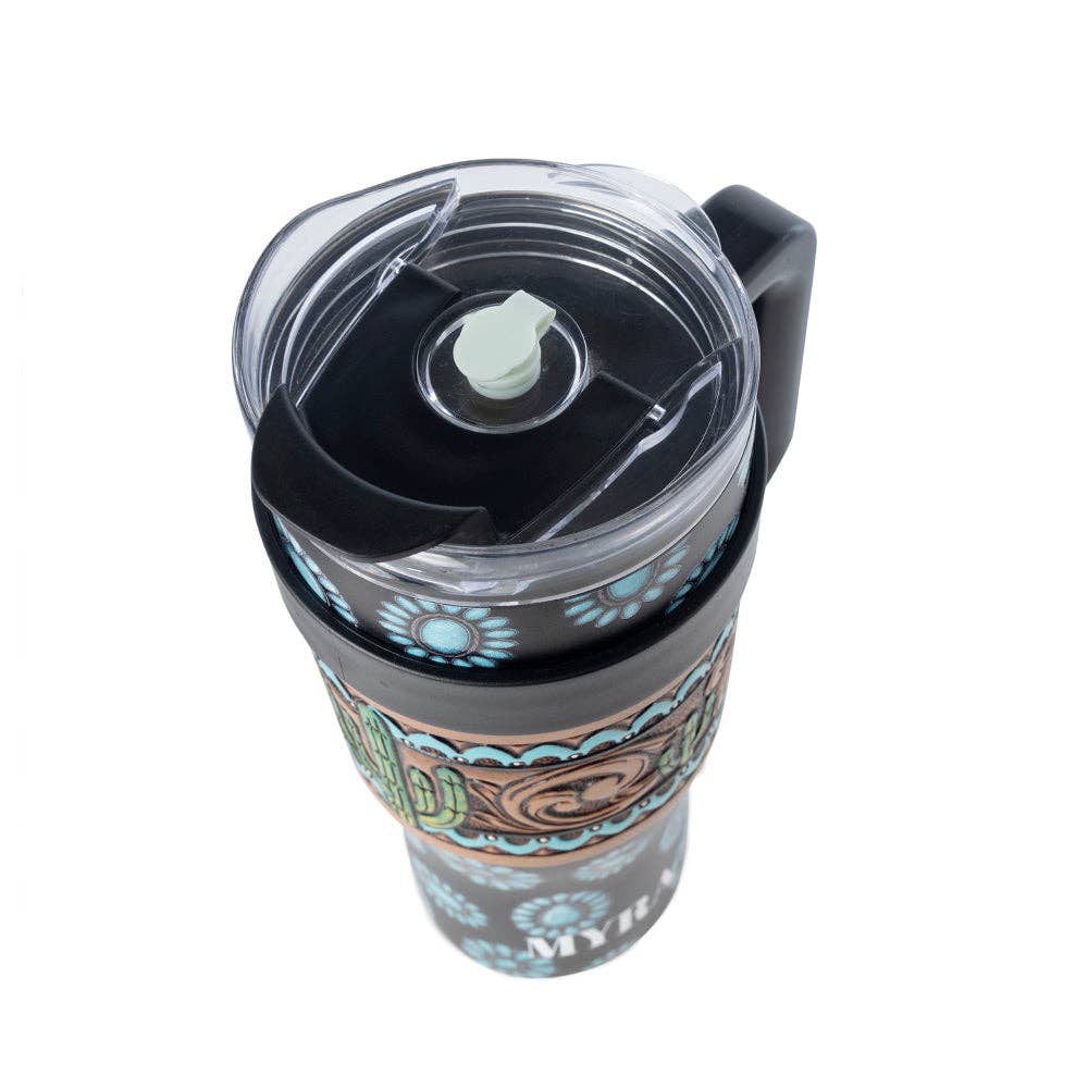 Myra - Concho Crest Western Tooled Tumbler (Black/Turquoise) S-14767