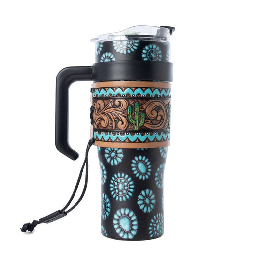 Myra - Concho Crest Western Tooled Tumbler (Black/Turquoise) S-14767