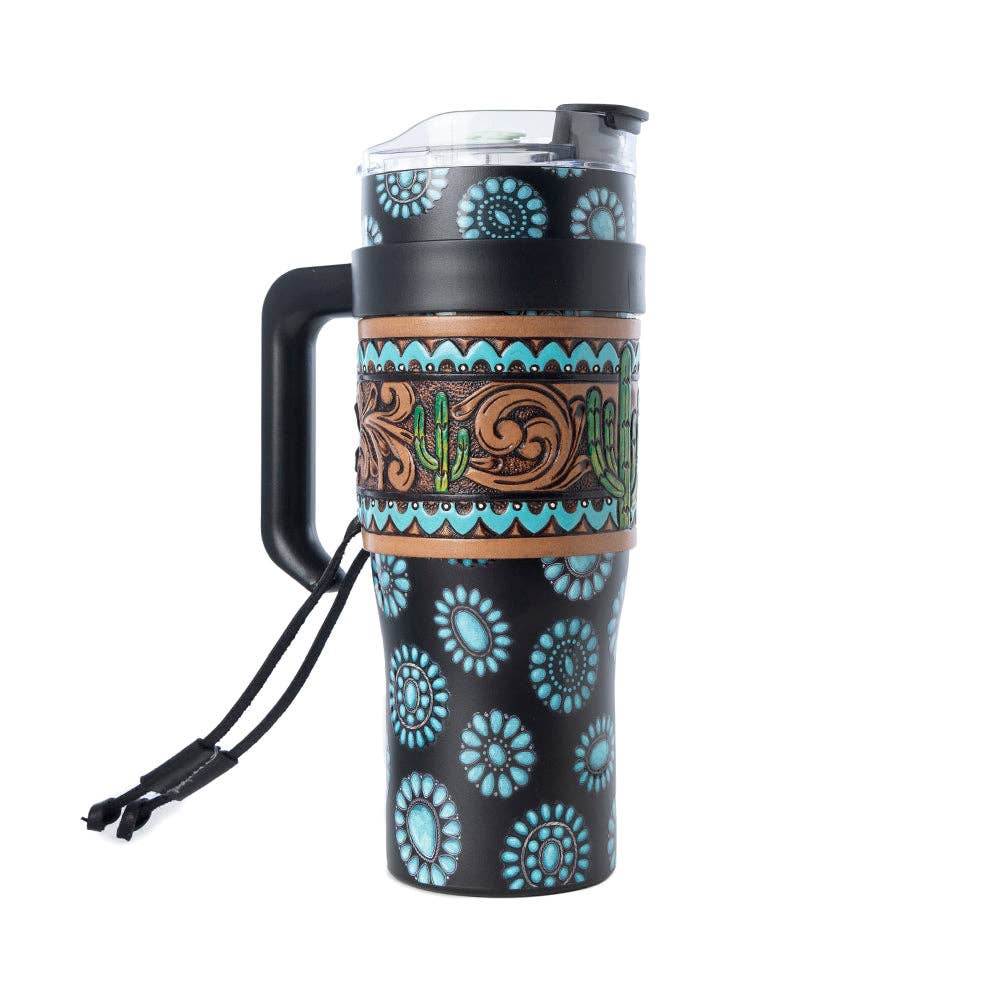 Myra - Concho Crest Western Tooled Tumbler (Black/Turquoise) S-14767