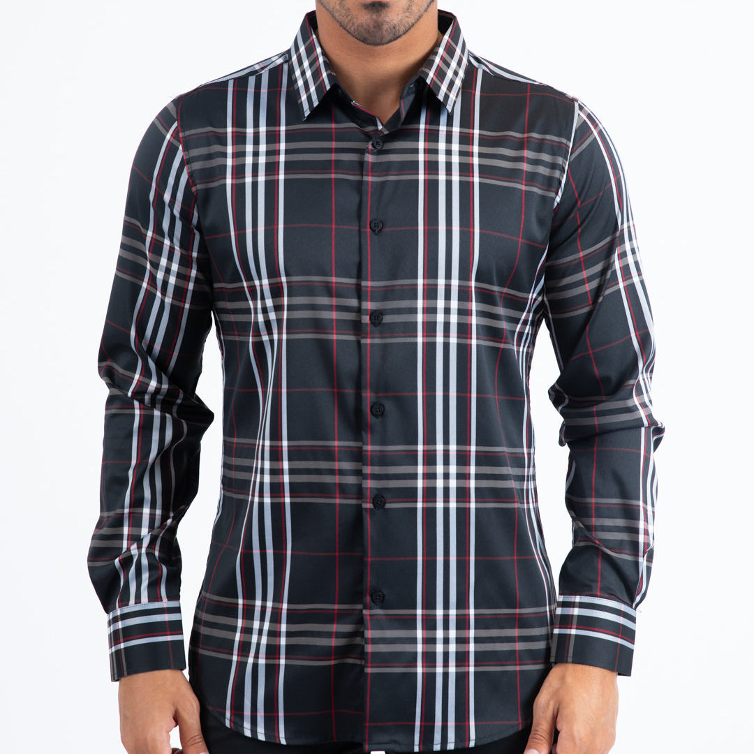 Platini Men - Checkered Long Sleeve Shirt (Black/Red) CHL11299