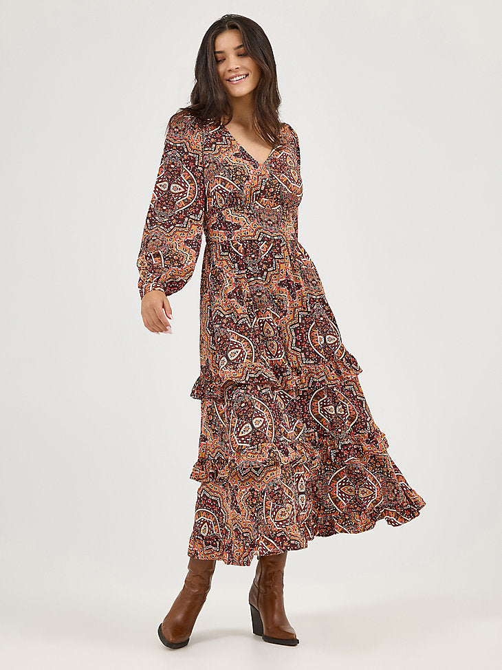 Wrangler Women - Mosaic Ruffle Dress (Brown) 112371767