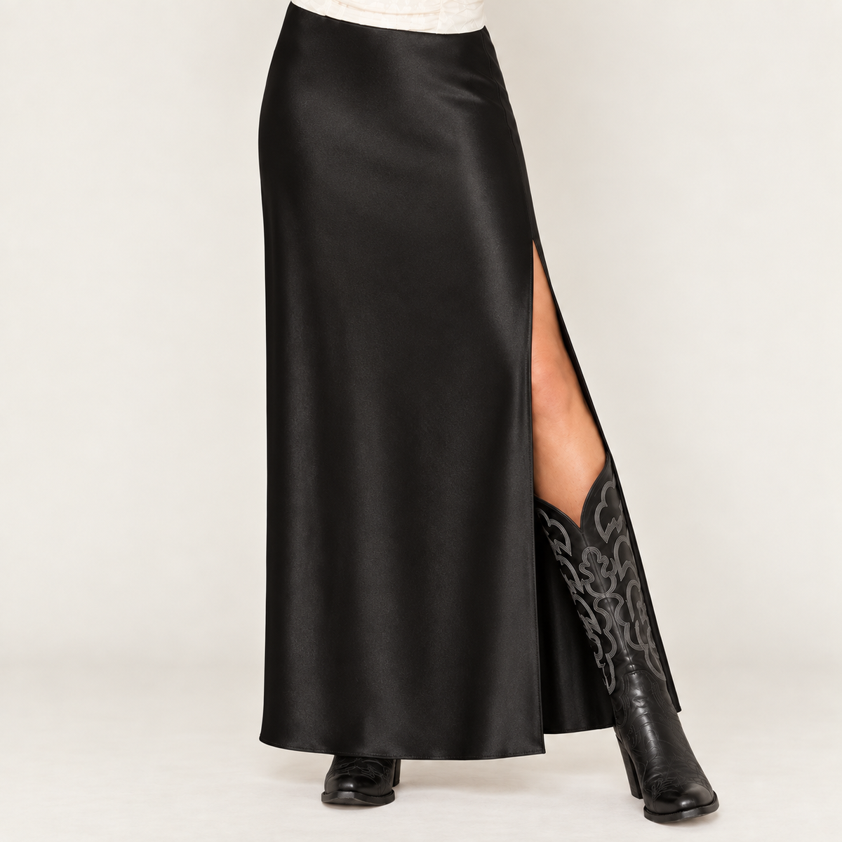 Satin Elasticated High-Waisted Slit Maxi Skirt (Black)
