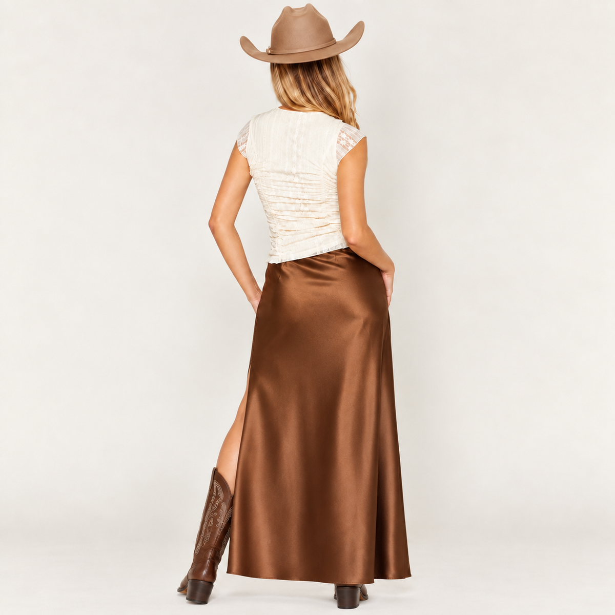 Satin Elasticated High-Waisted Slit Maxi Skirt (Brown)