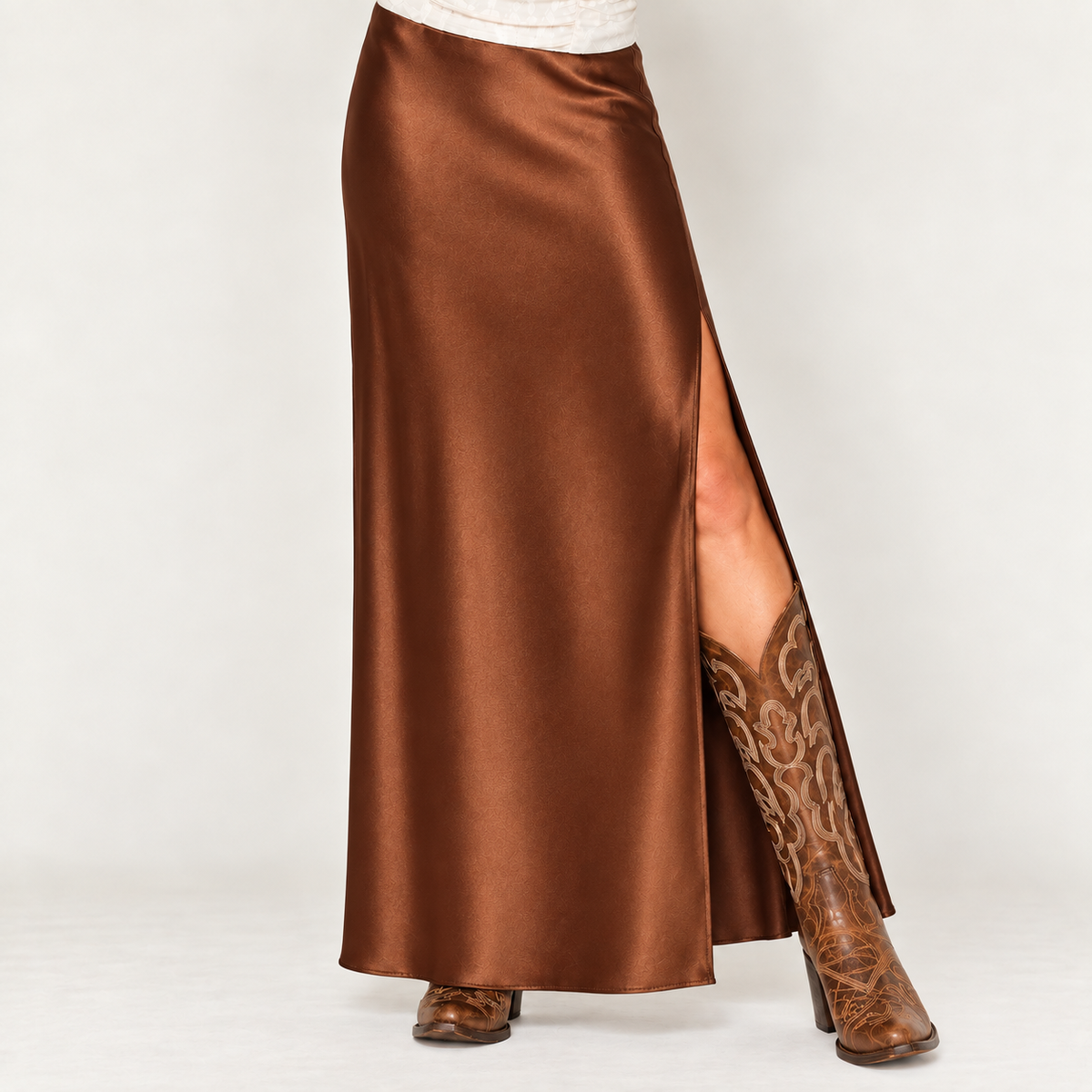 Satin Elasticated High-Waisted Slit Maxi Skirt (Brown)