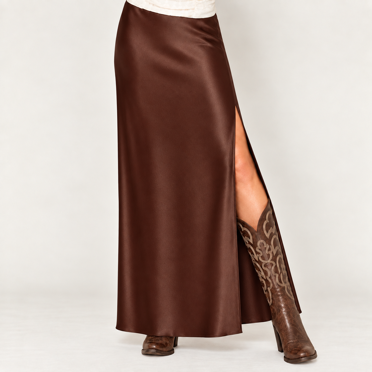 Satin Elasticated High-Waisted Slit Maxi Skirt (Dark Brown)