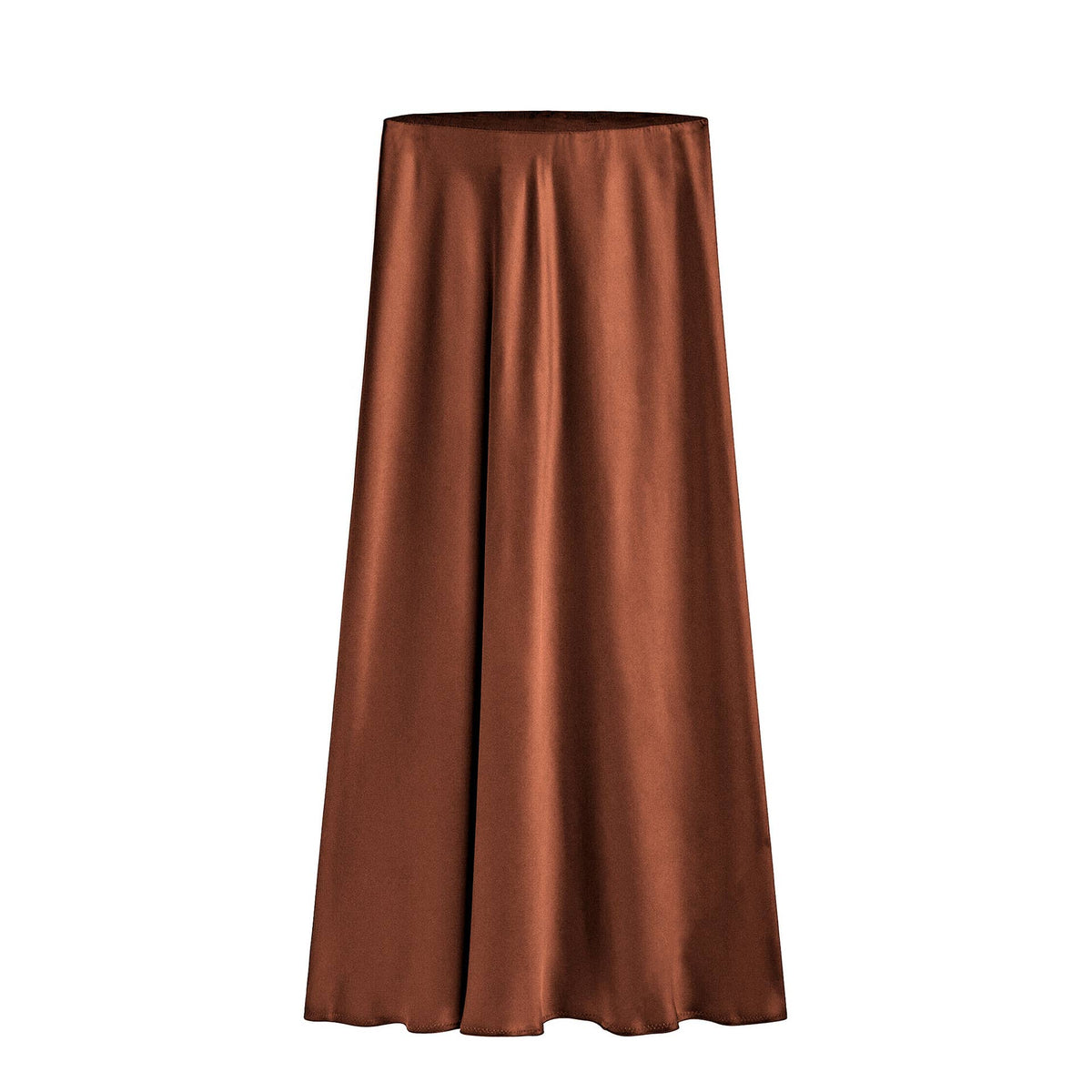 Satin Elasticated High-Waisted Slit Maxi Skirt (Brown)