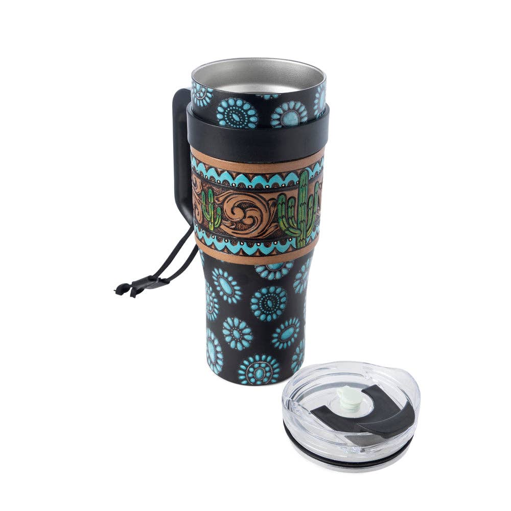 Myra - Concho Crest Western Tooled Tumbler (Black/Turquoise) S-14767