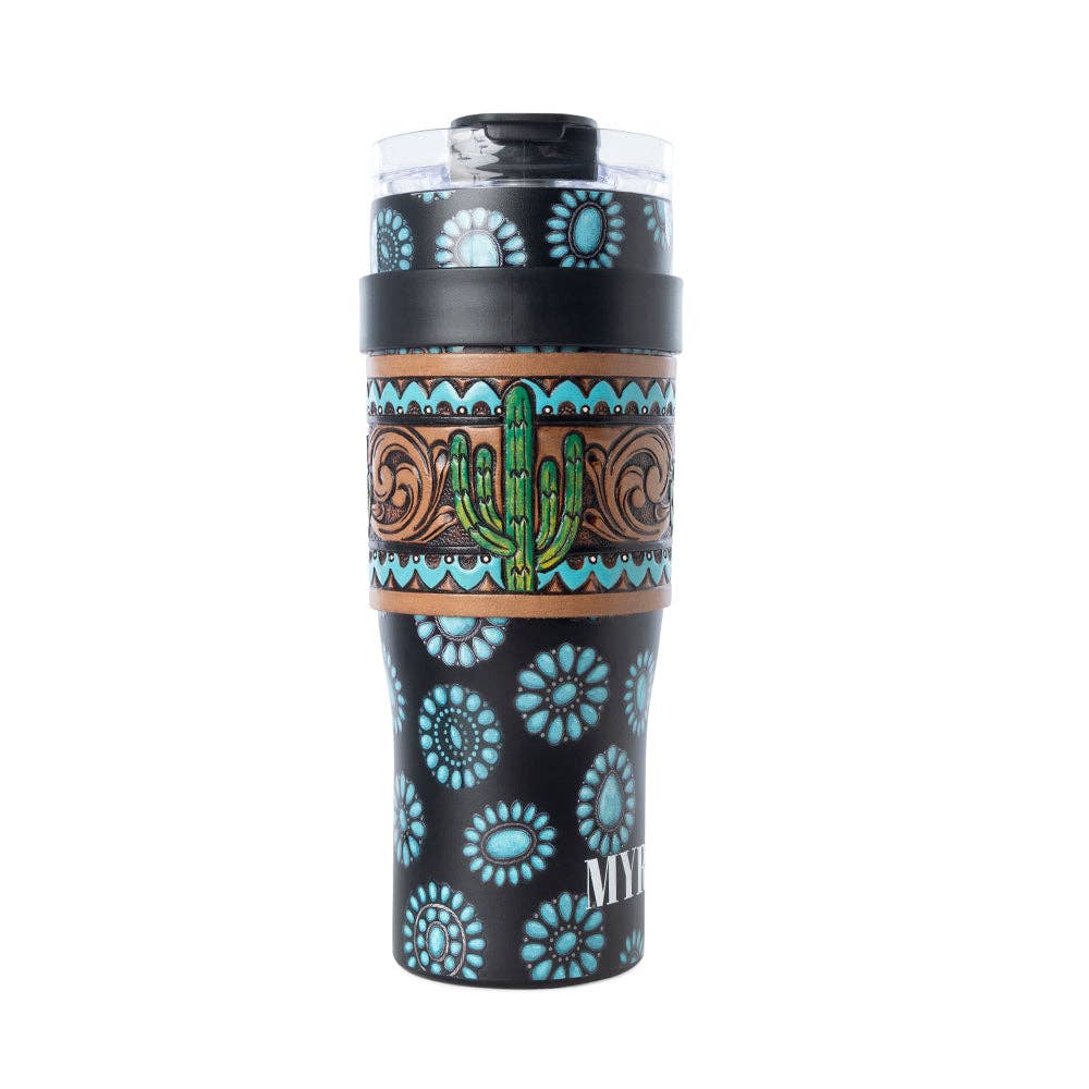 Myra - Concho Crest Western Tooled Tumbler (Black/Turquoise) S-14767