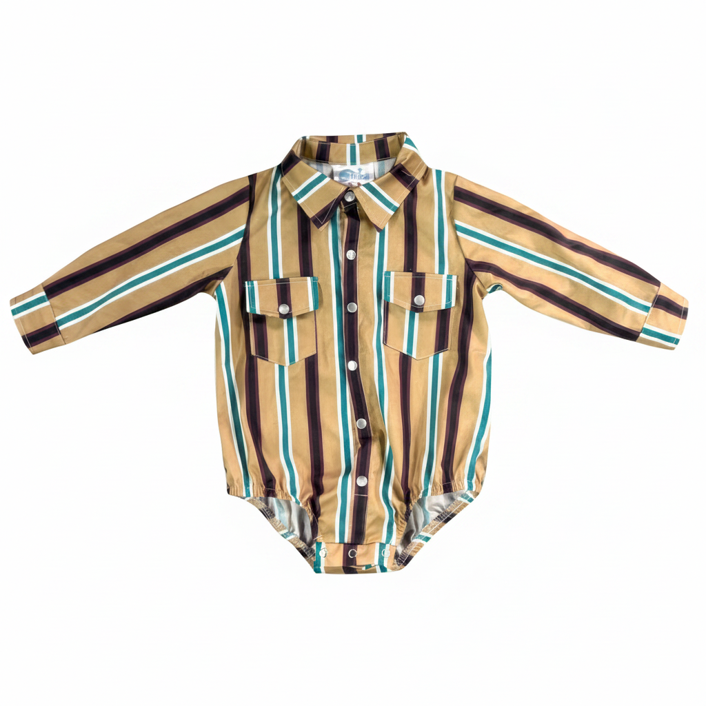 Shea Baby - Tan Stripe Vintage LS Pearl Snap Onesie (RTSNAP04)