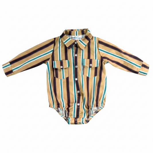 Shea Baby - Tan Stripe Vintage LS Pearl Snap Onesie (RTSNAP04)