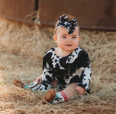 Shea Baby - Cowprint Off Shoulder Fringe Onesie (SB25)