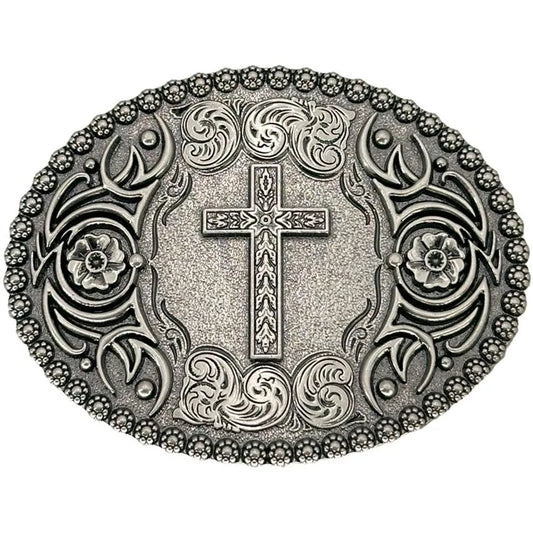 Medium Oval Belt Buckle (Floral Cross)
