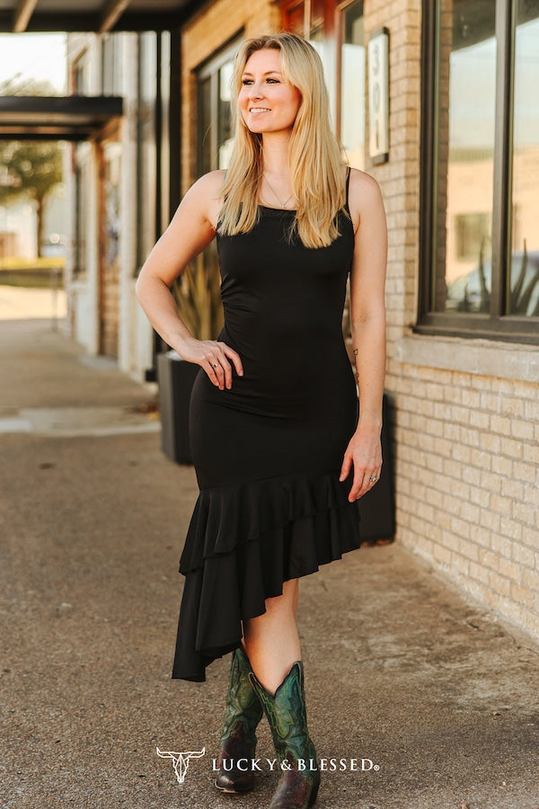 Lucky & Blessed Women - Satin Ruffle Dress (Black) DR646-BLK