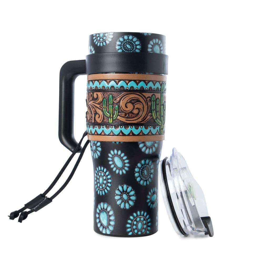 Myra - Concho Crest Western Tooled Tumbler (Black/Turquoise) S-14767