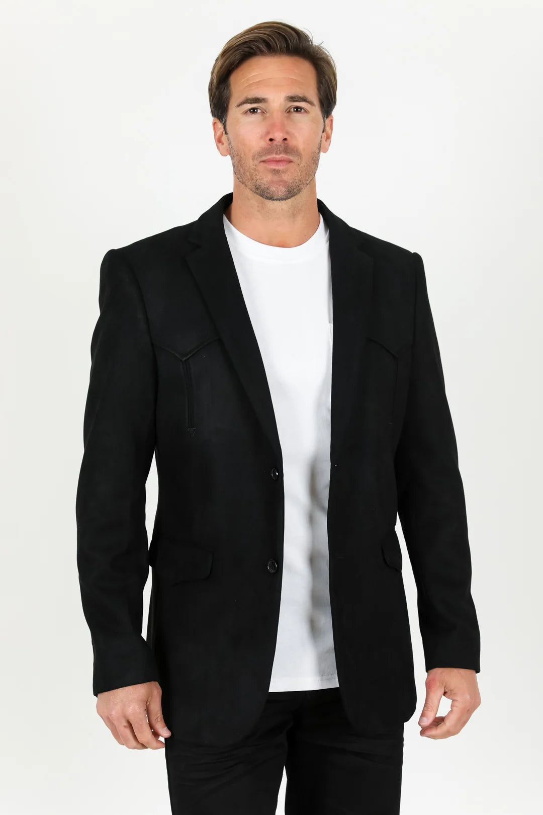 Platini Men - Double Button Suede Western Blazer (Black) BLZ9443