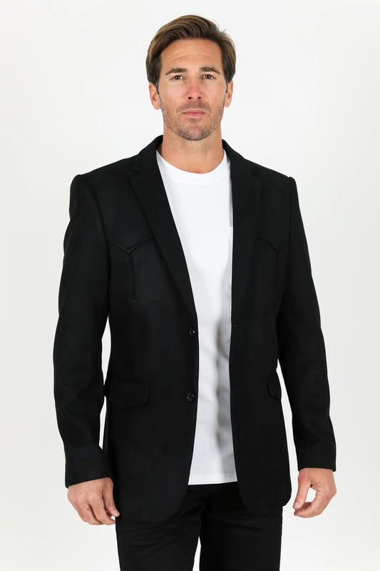 Platini Men - Double Button Suede Western Blazer (Black) BLZ9443