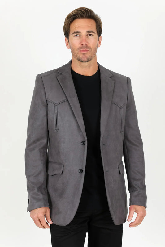 Platini Men - Double Button Suede Western Blazer (Charcoal) BLZ9445