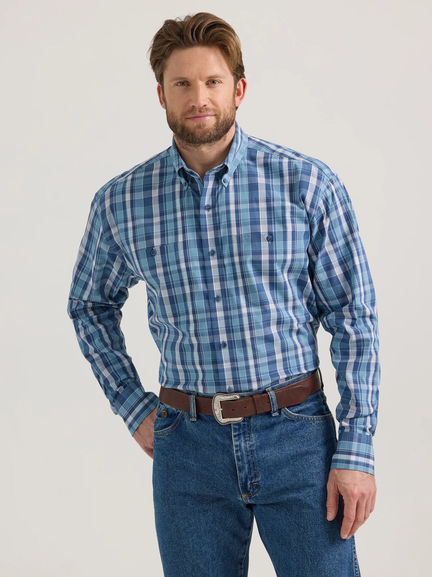 Wrangler Men - George Strait Button Down (Cerulean Plaid) 112352738